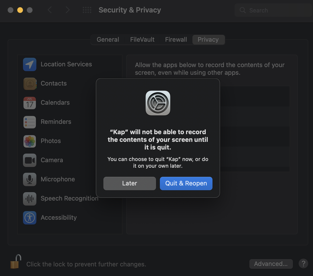 Prompt to quit Kap to record screen after granting permissions